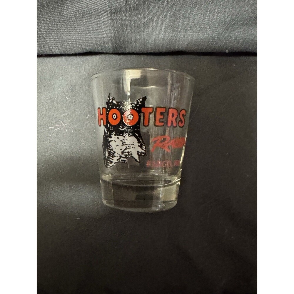 Vintage Hooters Racing Fargo, ND Shot Glass Souvenir Owl Logo Barware